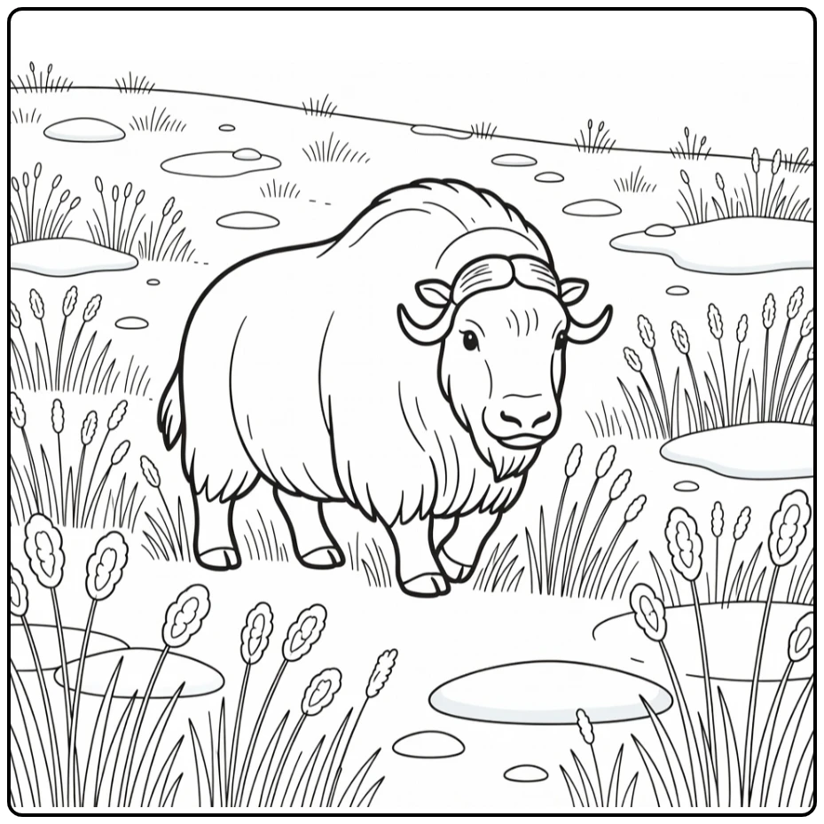 Musk ox coloring pages: cute ox in frosty Arctic grasses