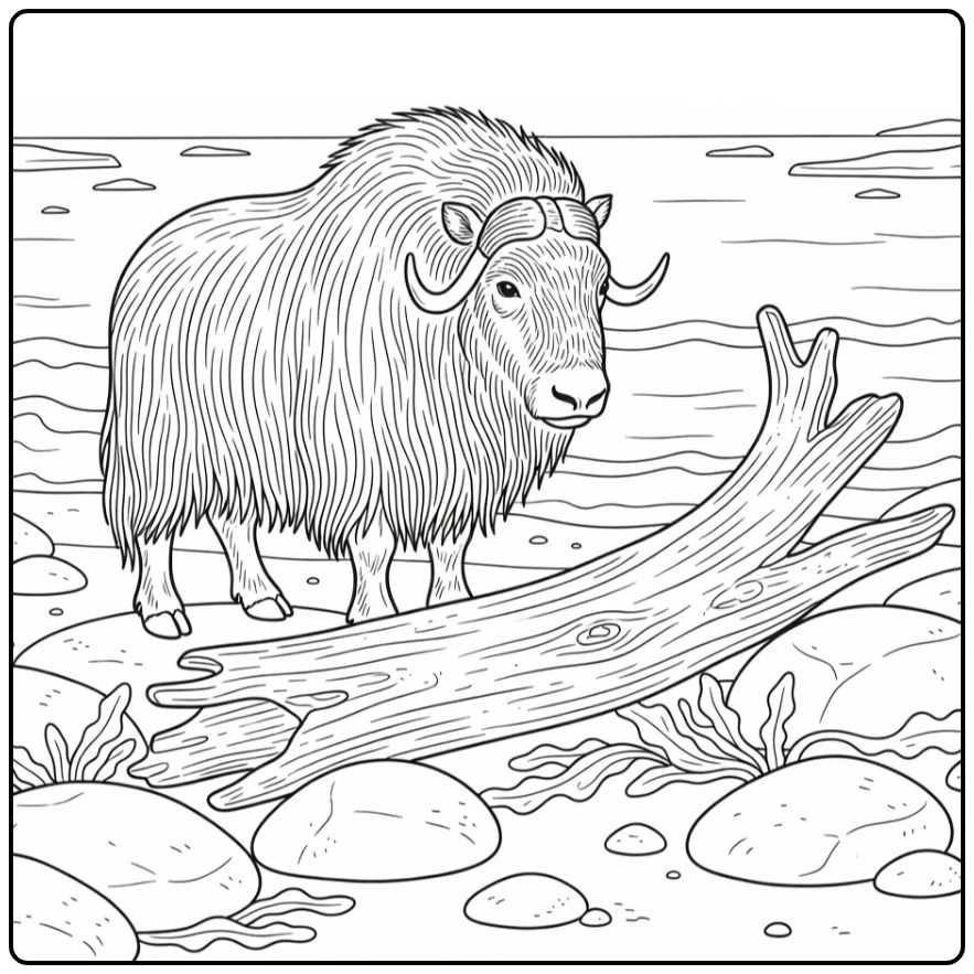 Musk ox coloring pages: ox by driftwood on Arctic shore