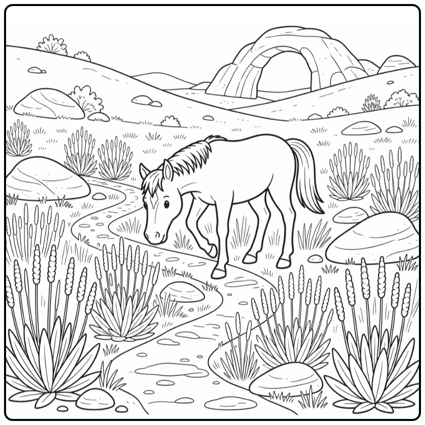 mustang horse coloring page of horse sniffing desert trail