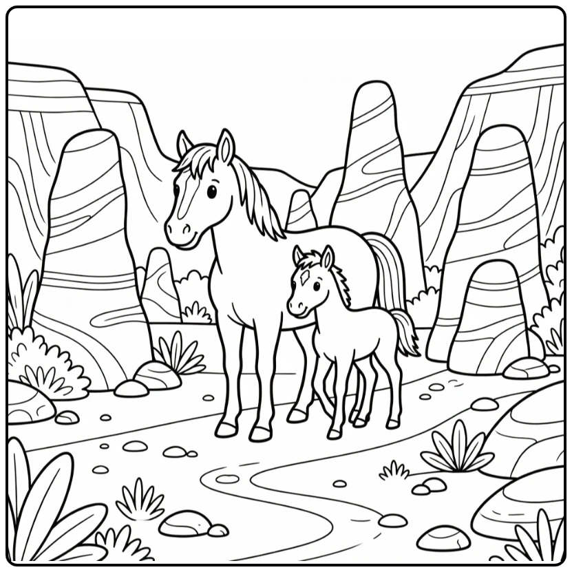 Protective mustang horse coloring page with foal in canyon