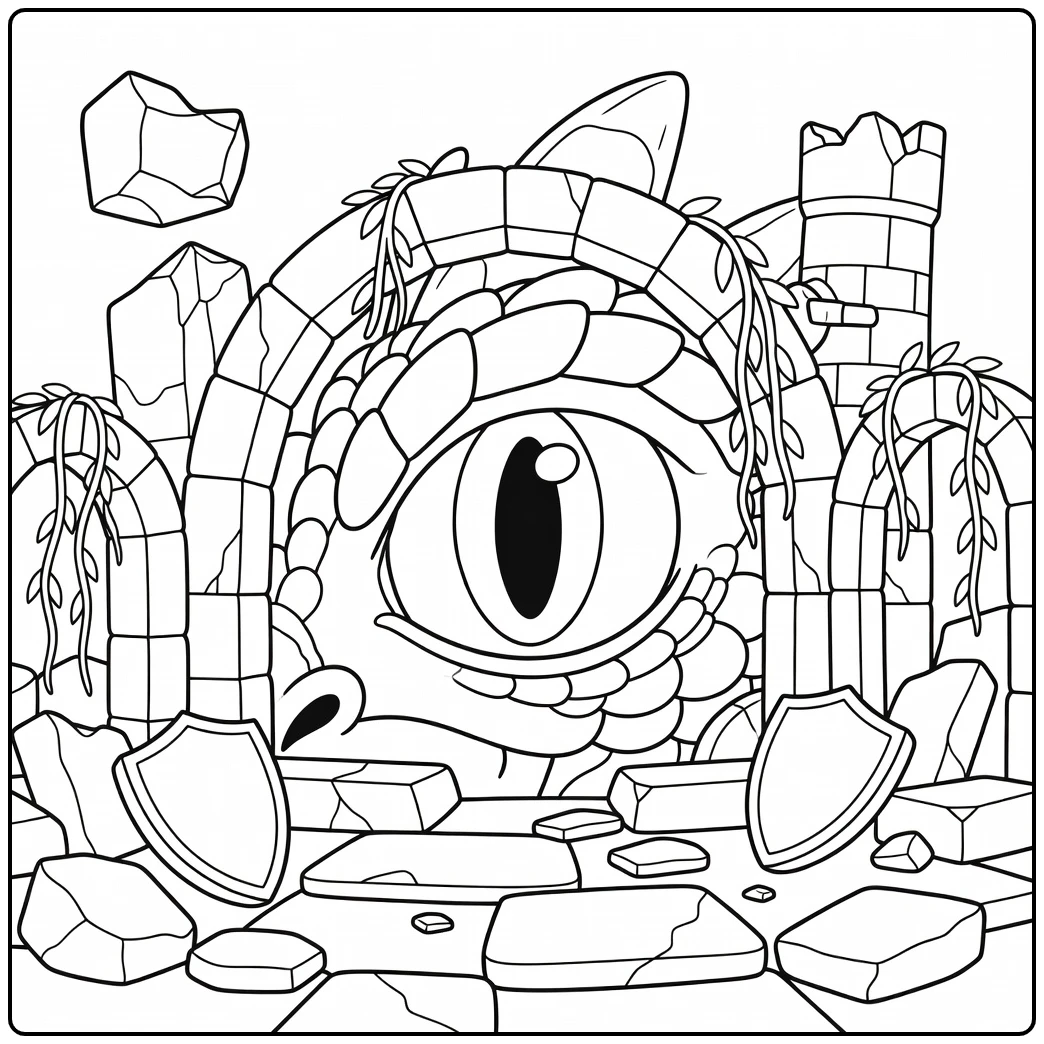 Dragon eye coloring page peeking from castle ruins