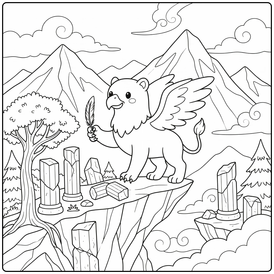 Mythical animal coloring page of griffin on cliff
