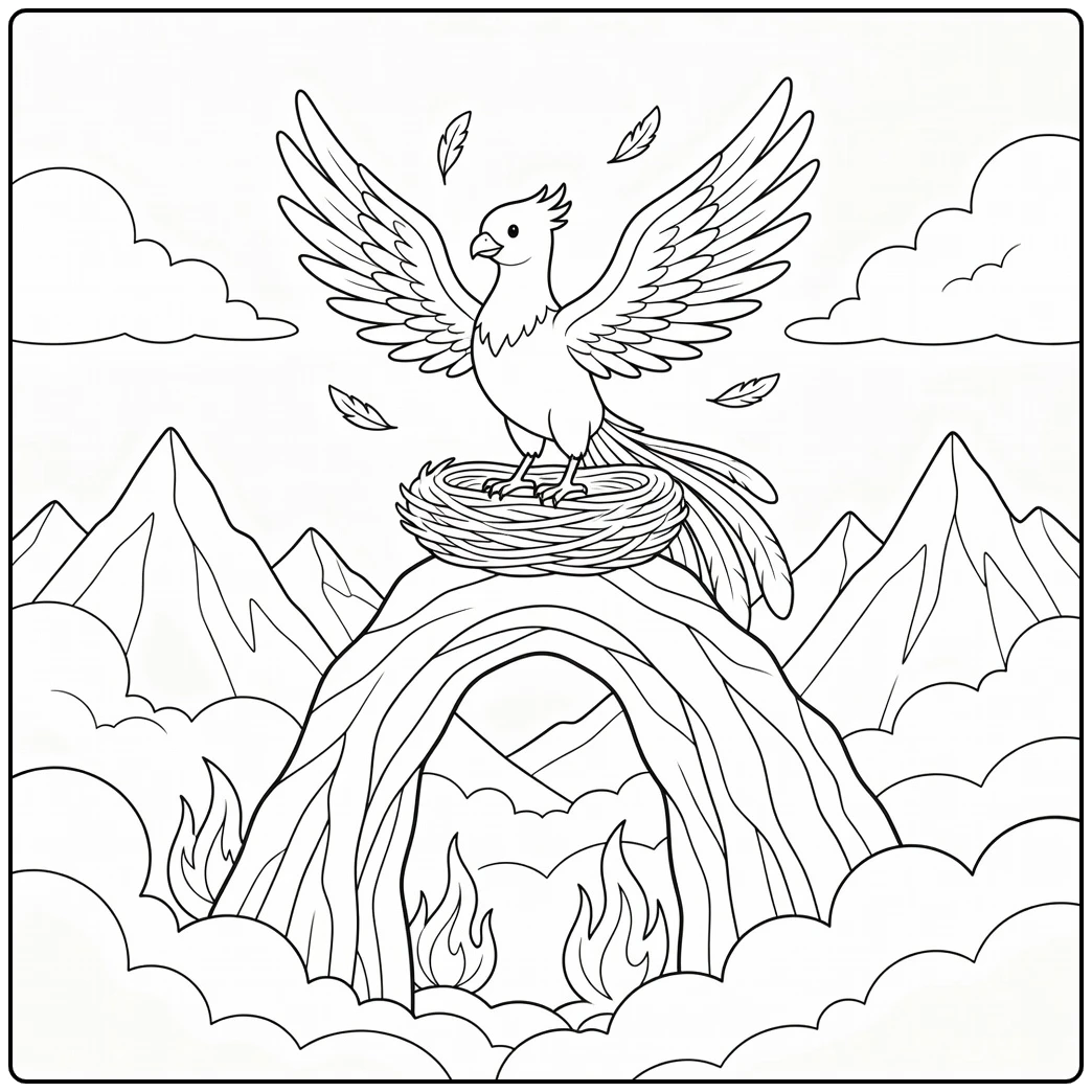 mythical animal coloring page with phoenix on tall rock arch