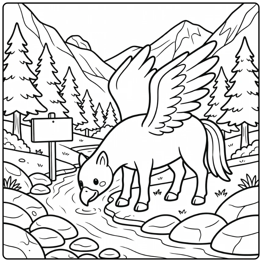 Mythical animal coloring page hippogriff at mountain stream
