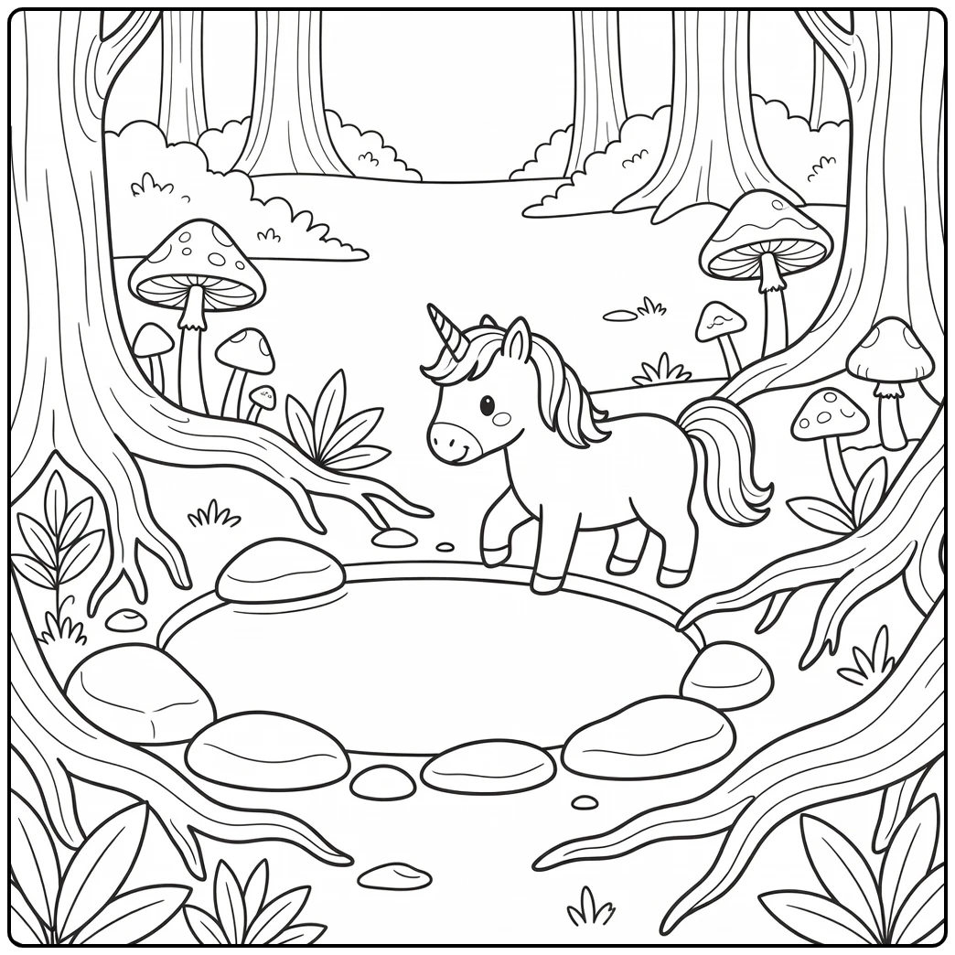 Mythical animal coloring page with unicorn near magical spring