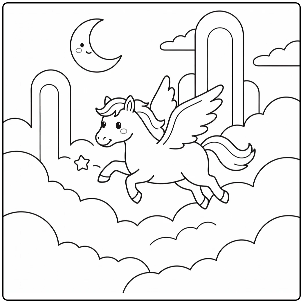 Pegasus Reaching for Star in Mythical Animal Coloring Page