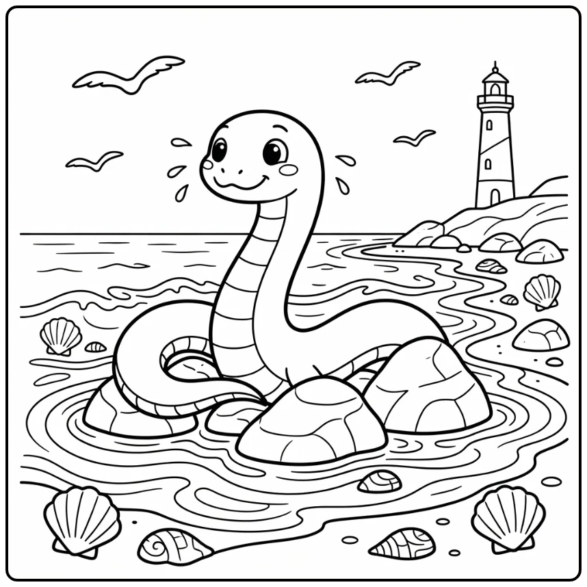 Sea serpent mythical animal coloring page with lighthouse