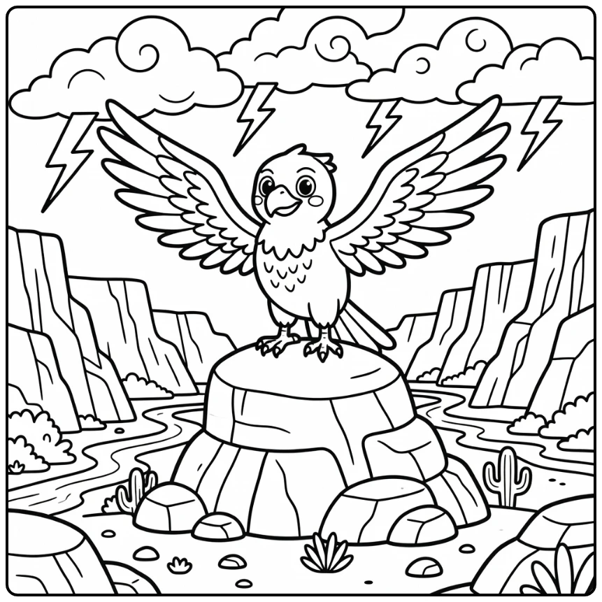 Mythical animal coloring page of thunderbird on canyon rock