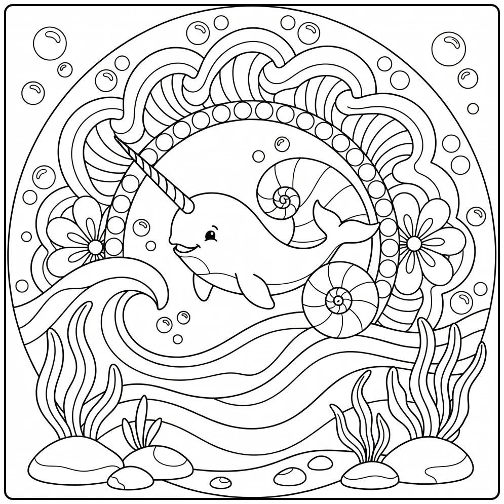 Animal mandala coloring pages for kids: narwhal in waves