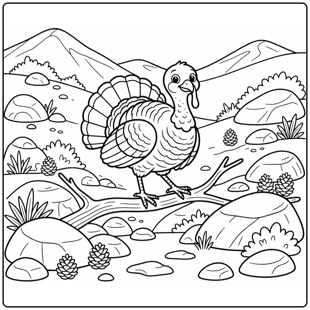 Wild turkey coloring page on rocky hillside scene