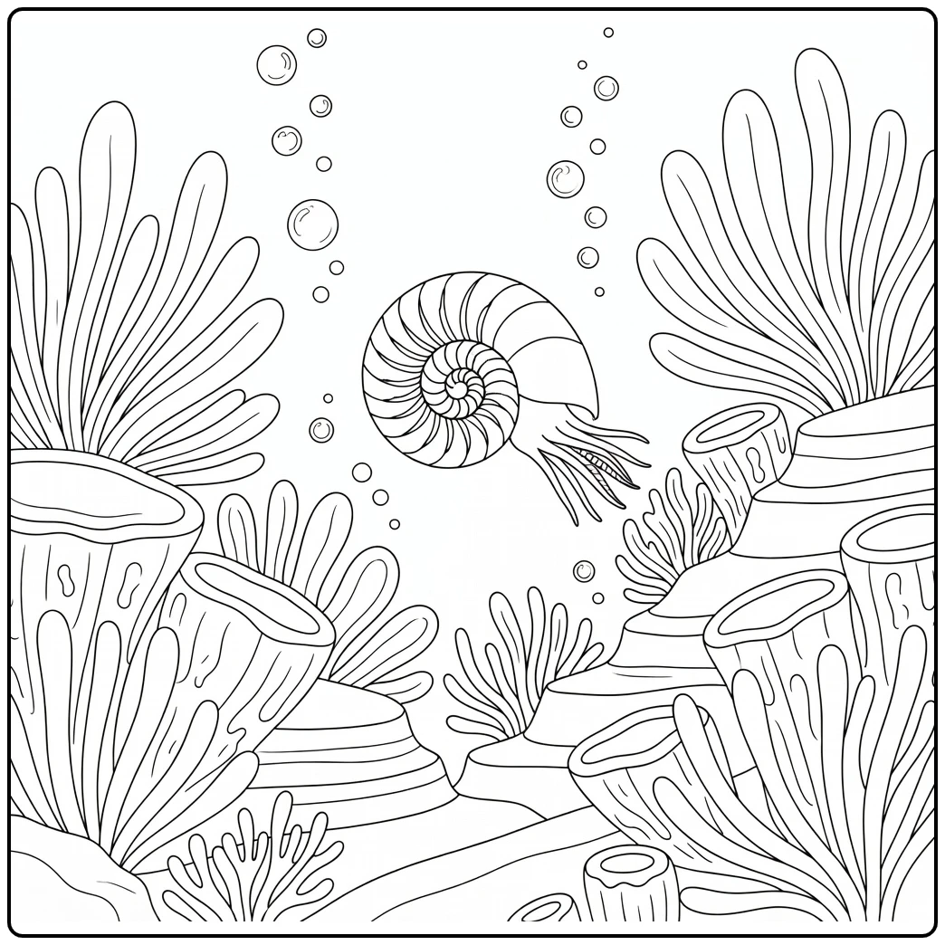 Realistic sea animal coloring page: nautilus over reef