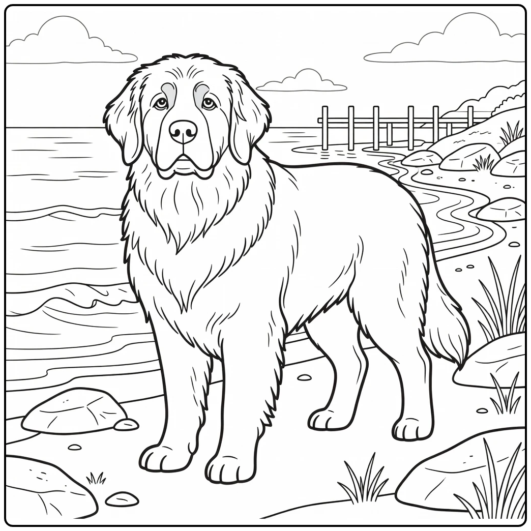 Newfoundland coloring page: fluffy dog on rocky shore