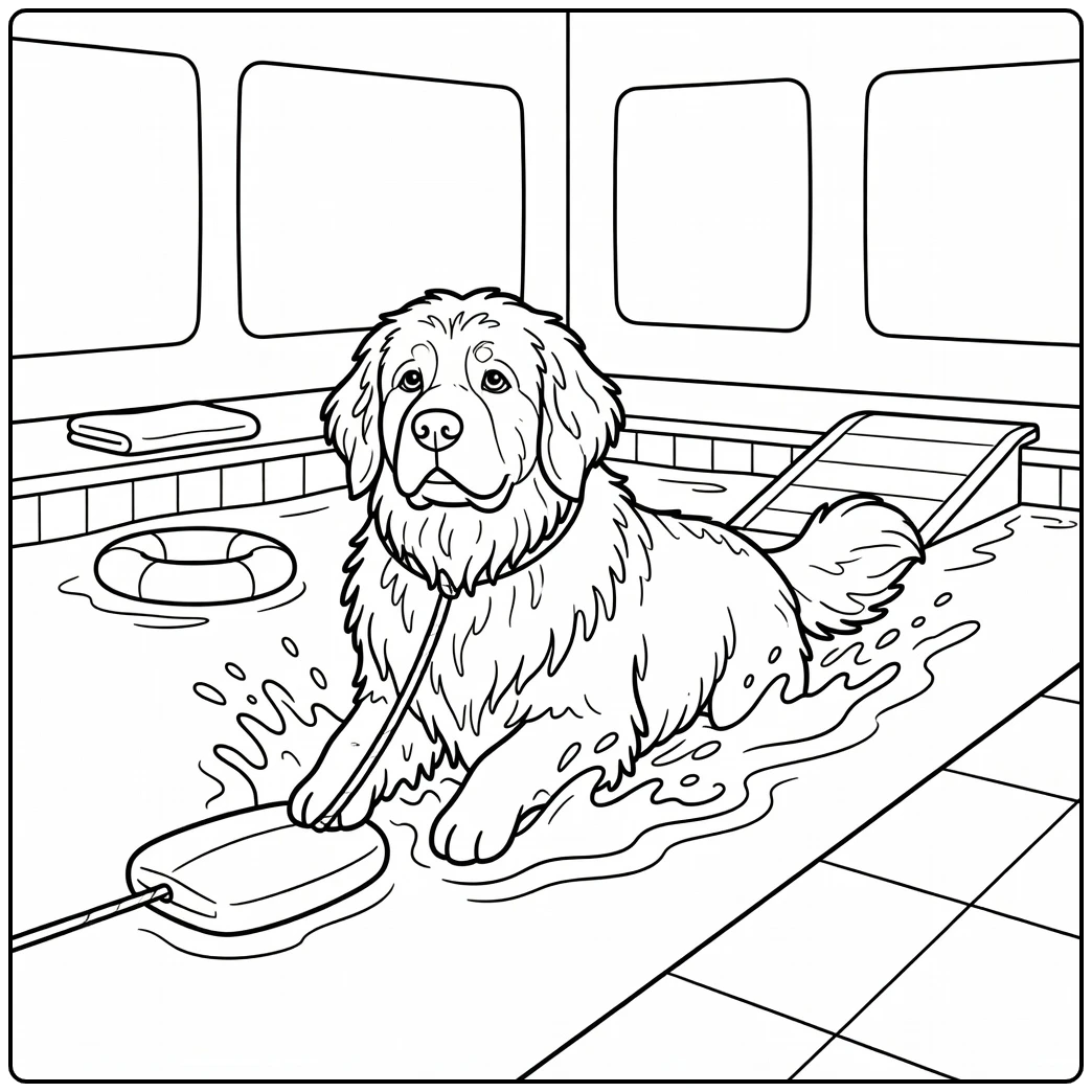 Detailed Dog coloring pages: Newfoundland pulling buoy in pool