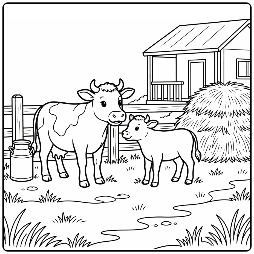 Cow calf nose-to-nose by gate farm animal coloring page