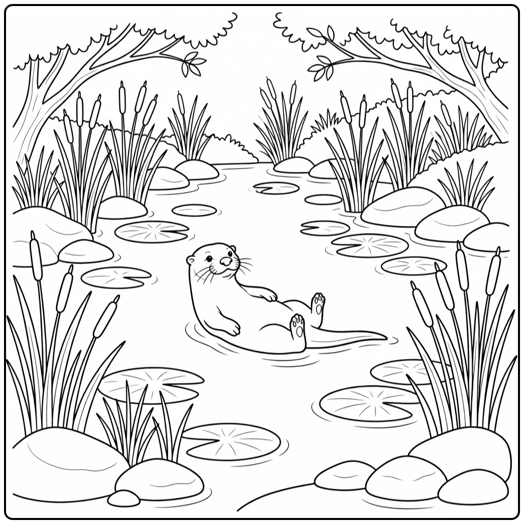 Realistic animal coloring page: otter floating on back in river