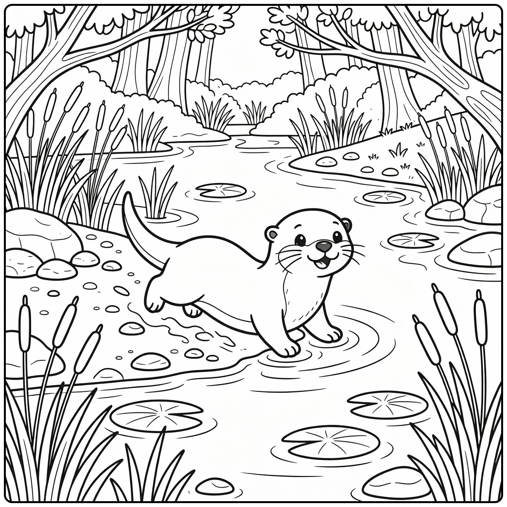 Playful otter sliding into pool - forest animals coloring page