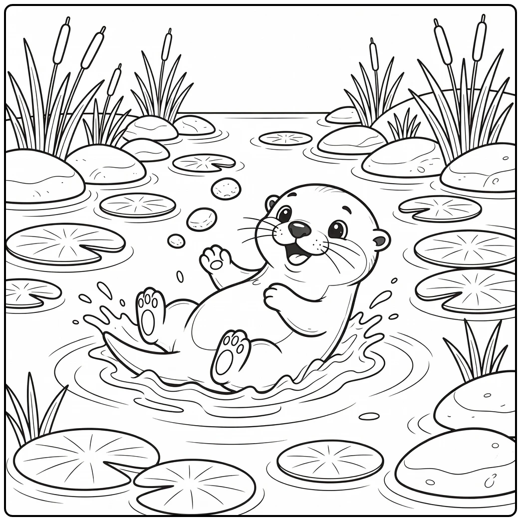 Cute baby animal coloring pages: otter pup juggling pebbles