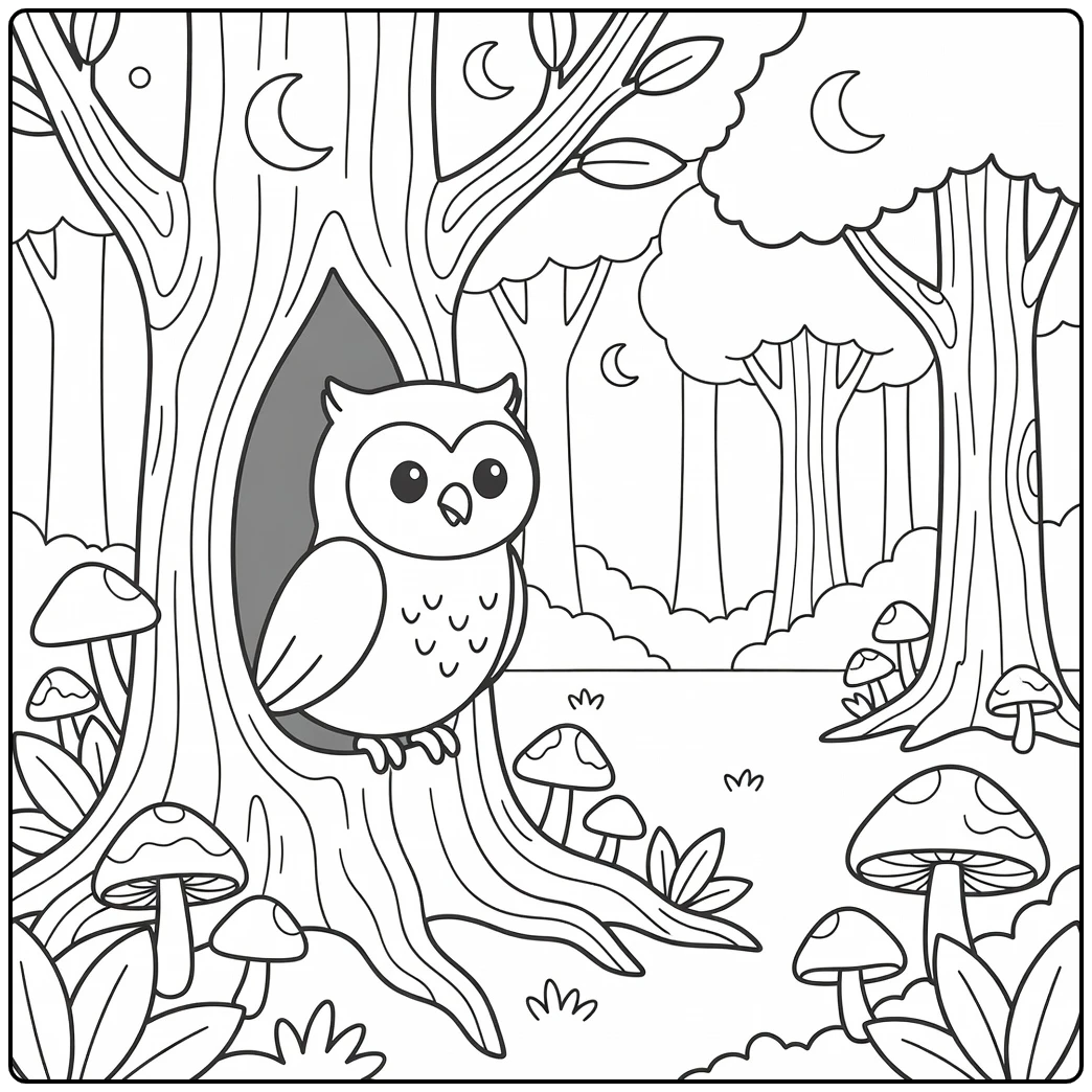 Wild animals coloring page: owl in tree hollow eyeing forest
