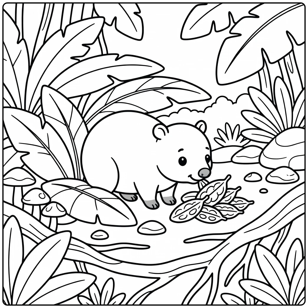 Preschool jungle animal coloring page: paca peeking behind leaf