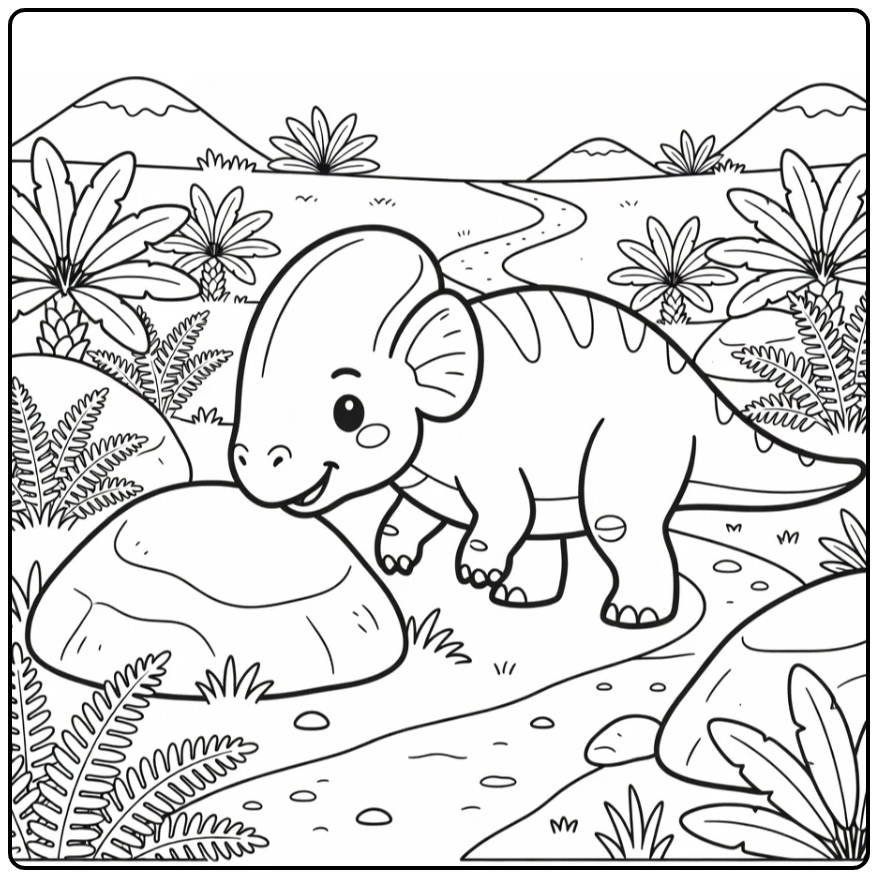 Dinosaur coloring page of Pachycephalosaurus near rock