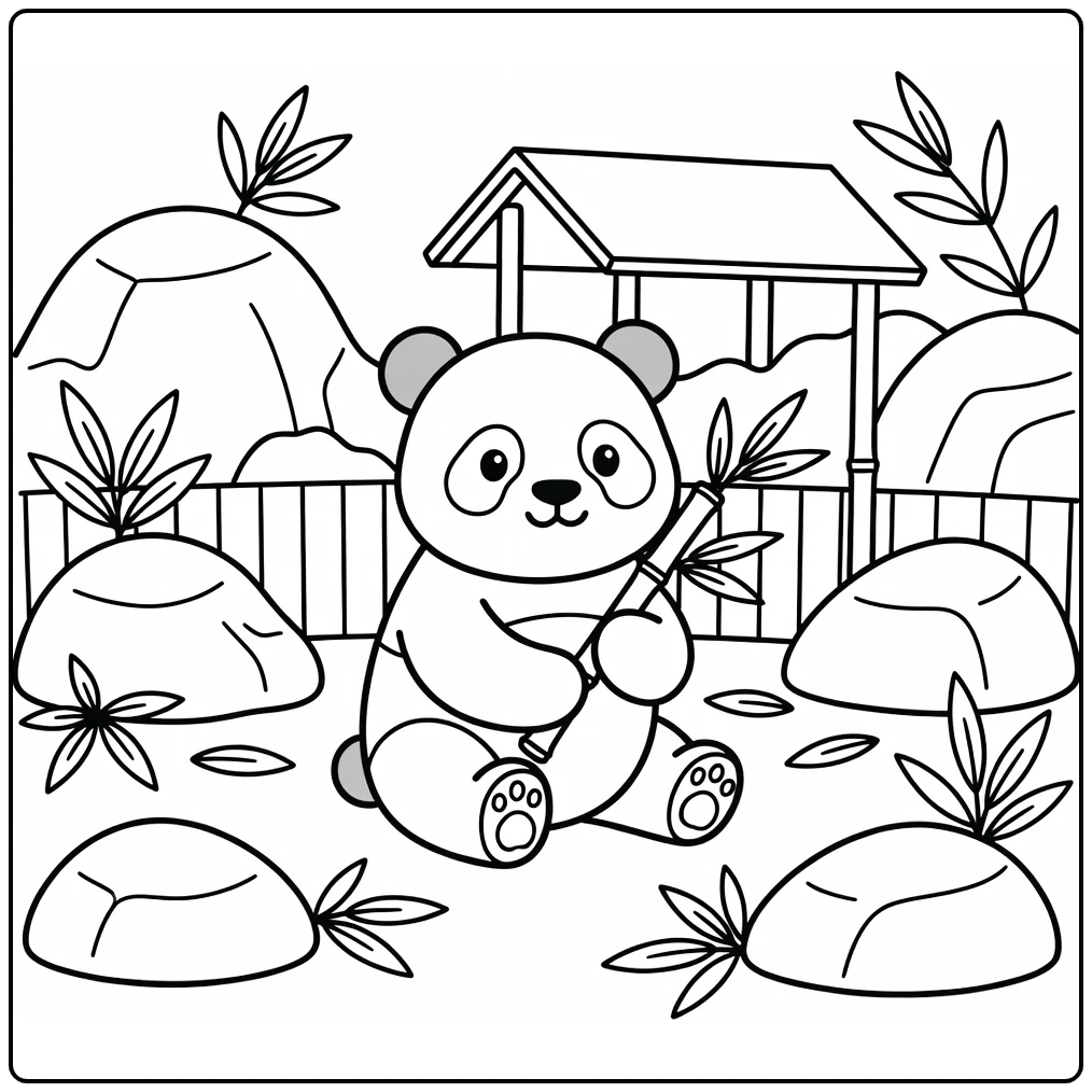 Cute panda holding bamboo in zoo habitat zoo coloring page