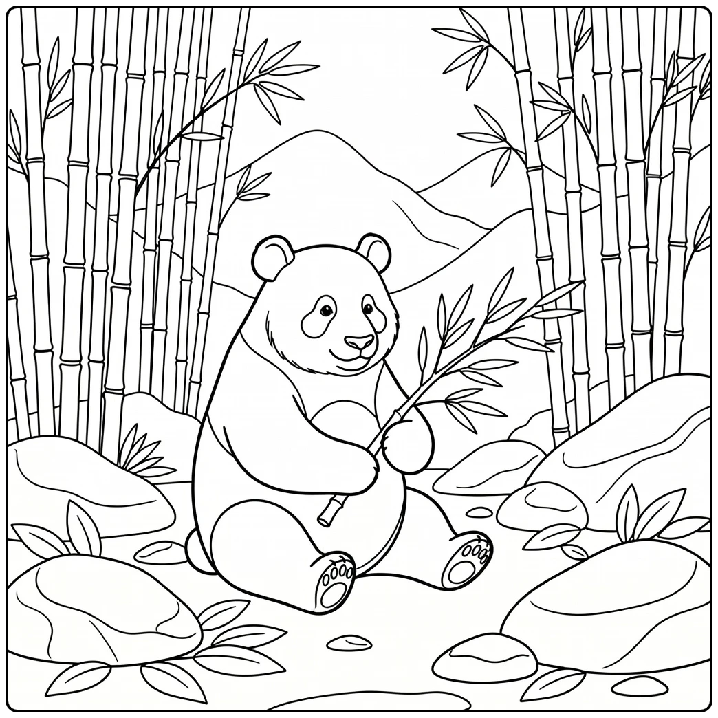 Realistic animal coloring page of panda in bamboo grove