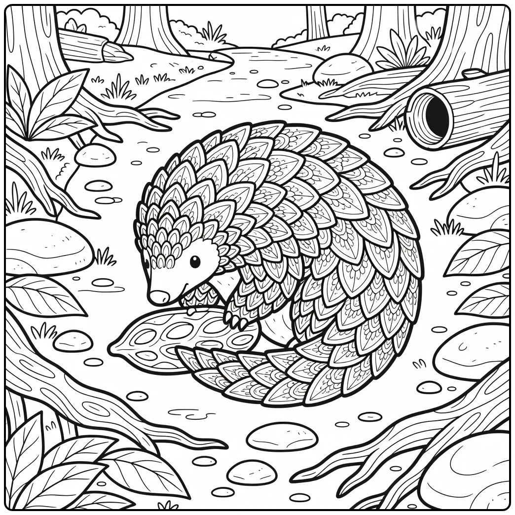Zentangle animal coloring pages: curled pangolin & pod