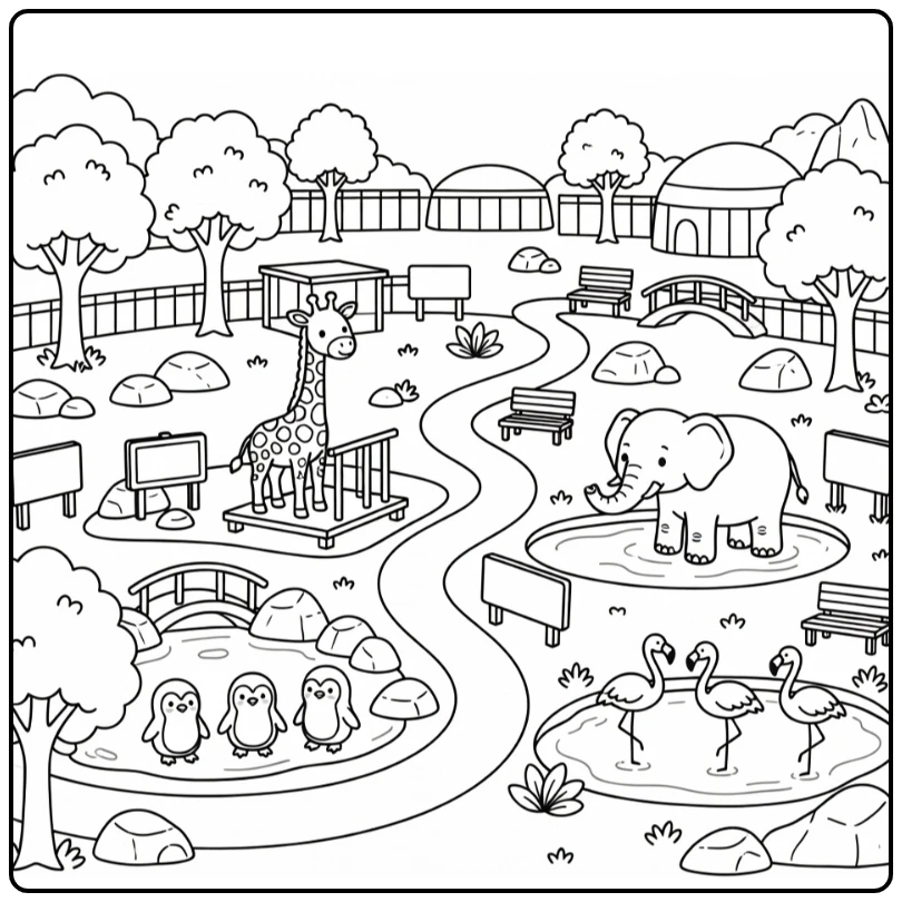 Zoo coloring page with giraffe, elephant, penguins, flamingos