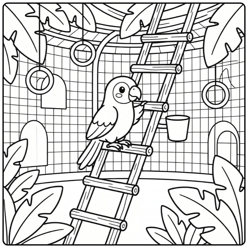 Zoo coloring page: parrot climbing branch ladder in aviary
