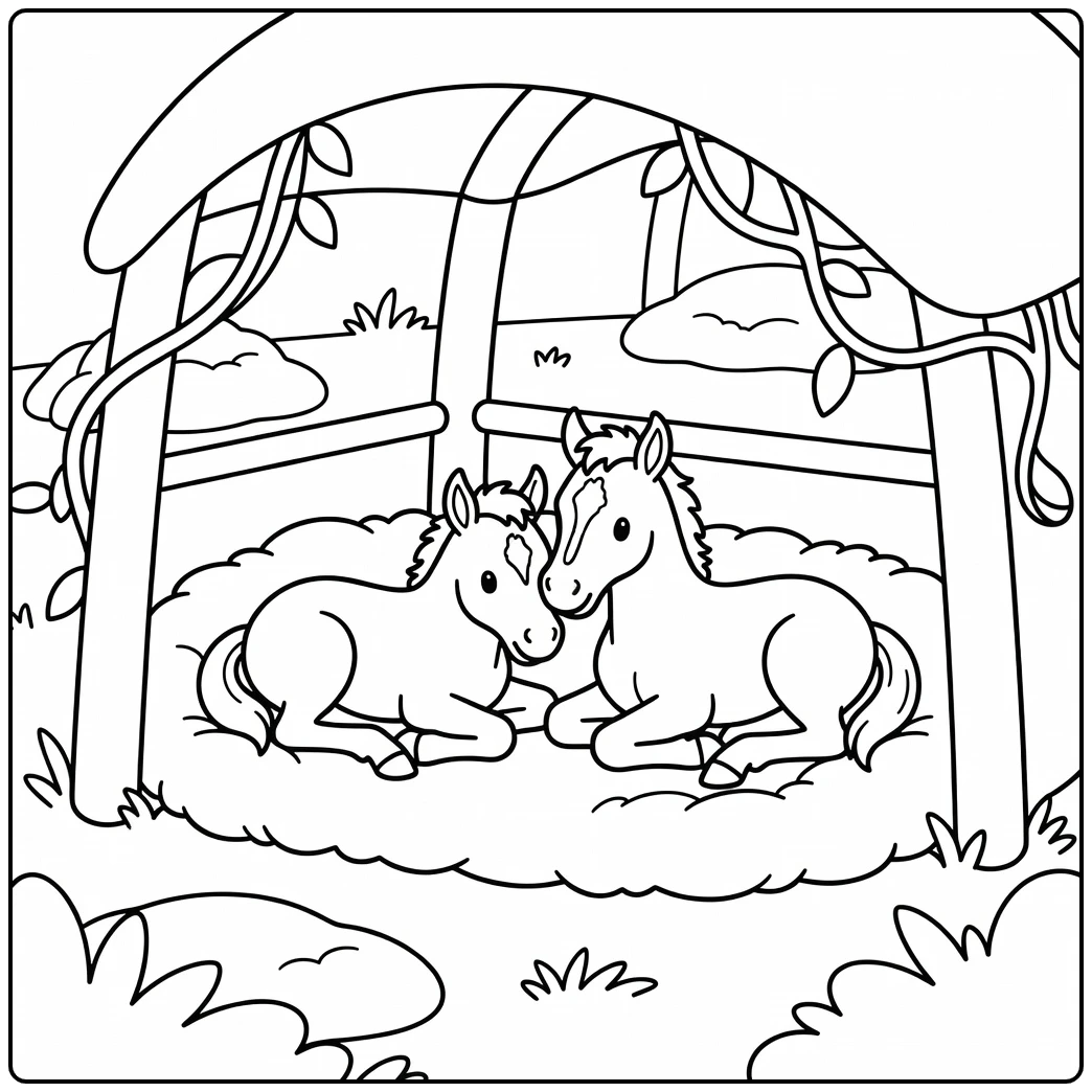 Charming baby horses coloring page with foals by shelter