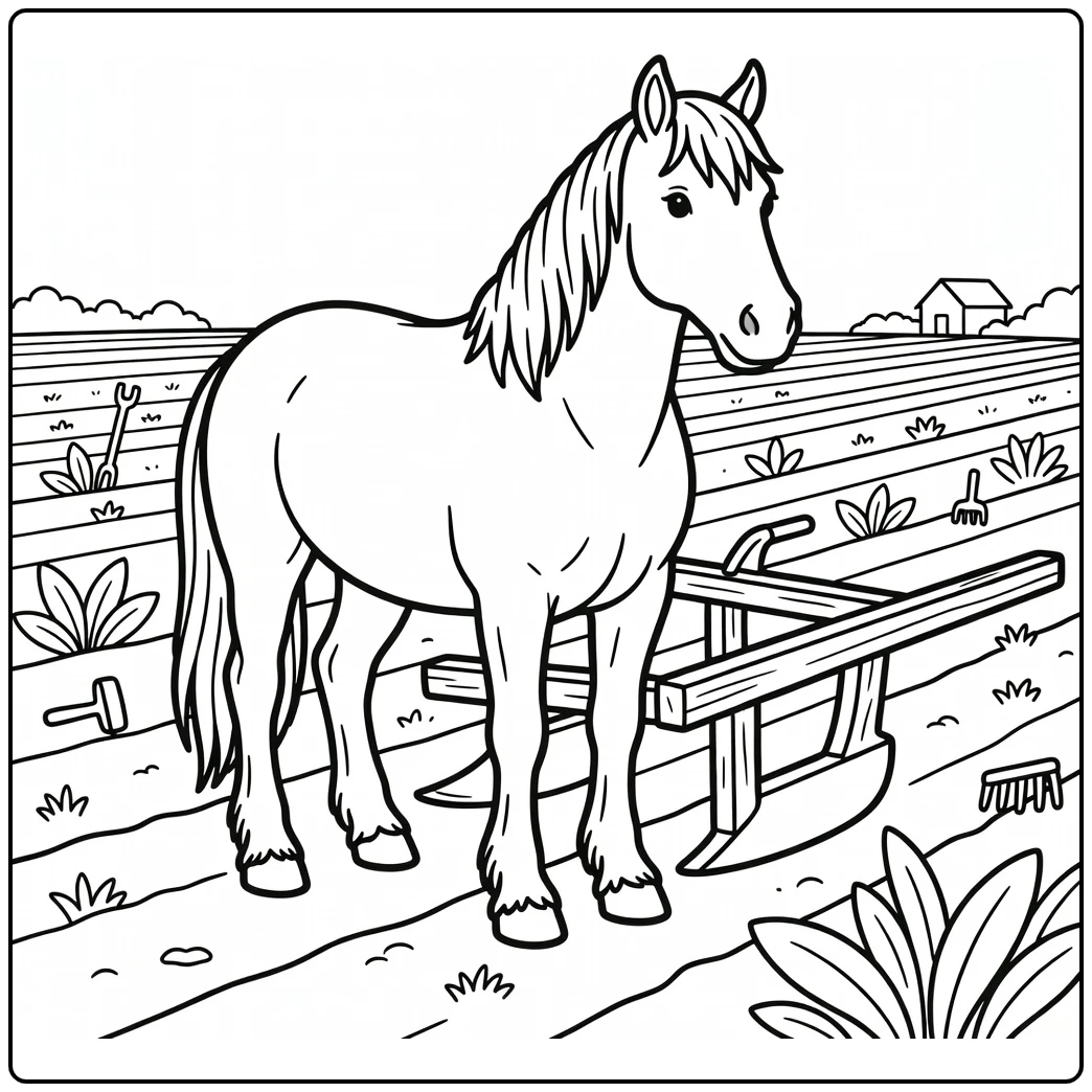 Draft Horse Coloring Page with Wooden Plow in Field