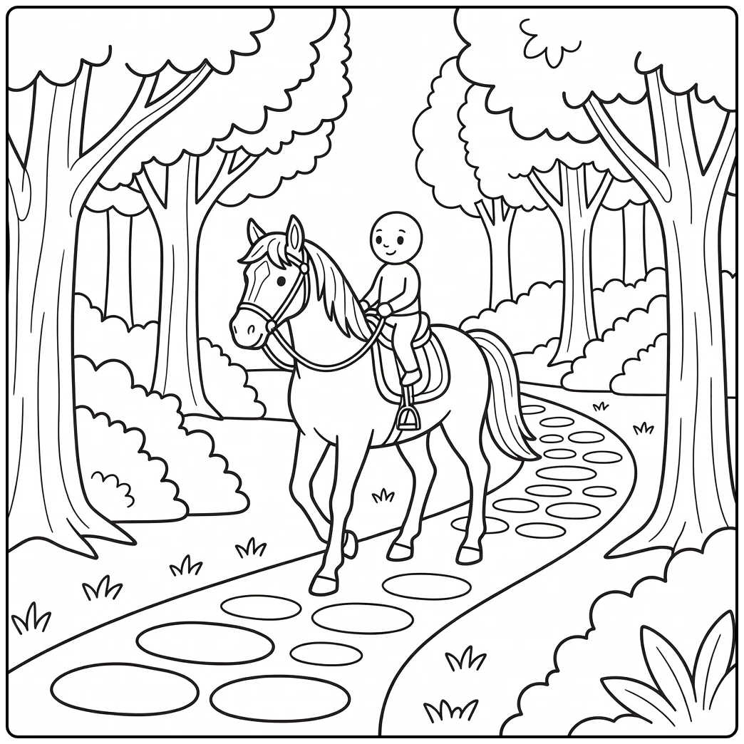 Calm horse riding coloring page on woodland trail