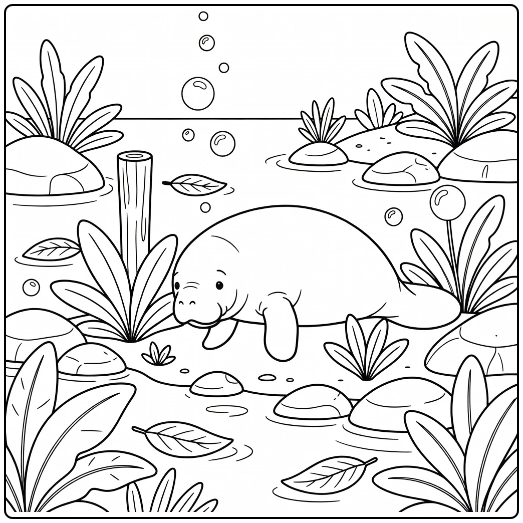 Manatee grazing plants sea animal coloring page, coastal scene