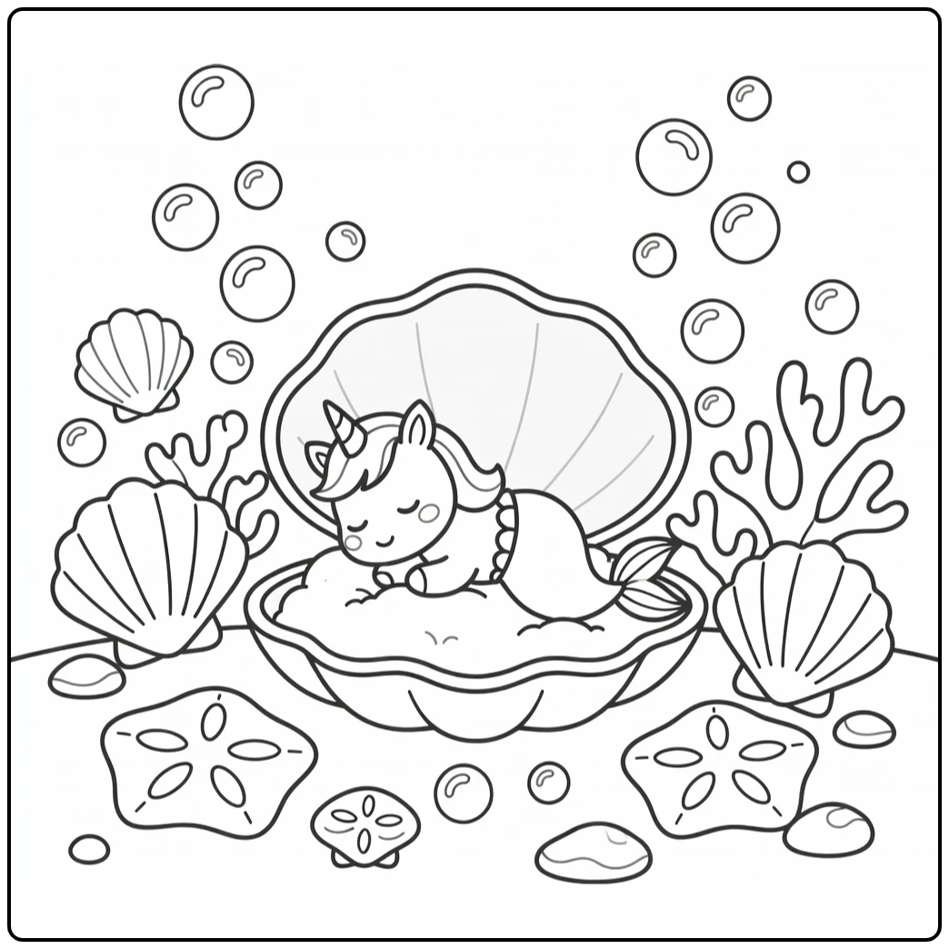 Unicorn mermaid coloring page: tiny unicorn sleeping in clam shell