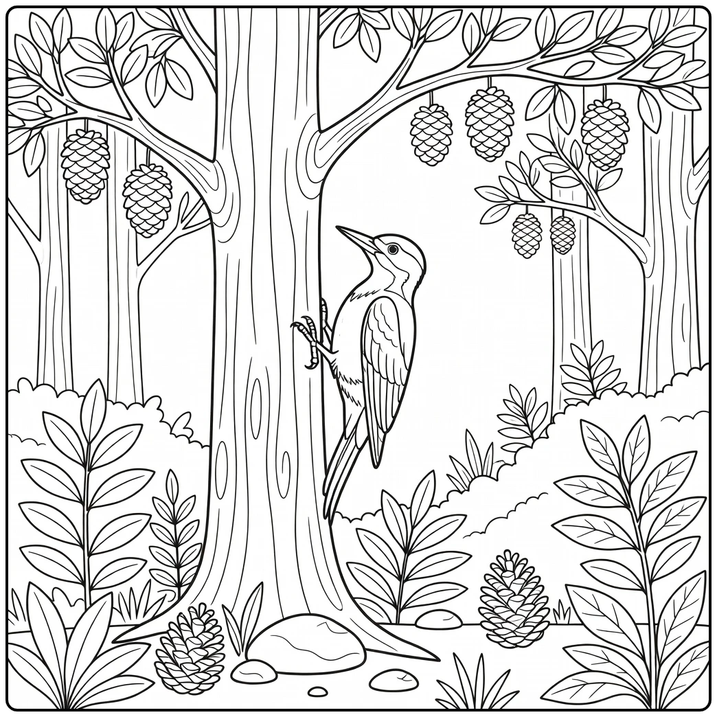 realistic forest animals coloring page of pecking woodpecker