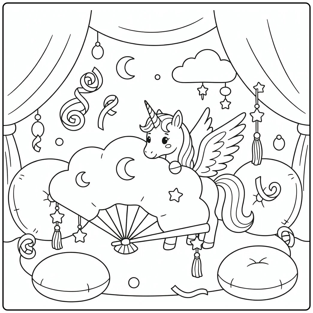 Alicorn coloring page of unicorn peeking behind cloud fan