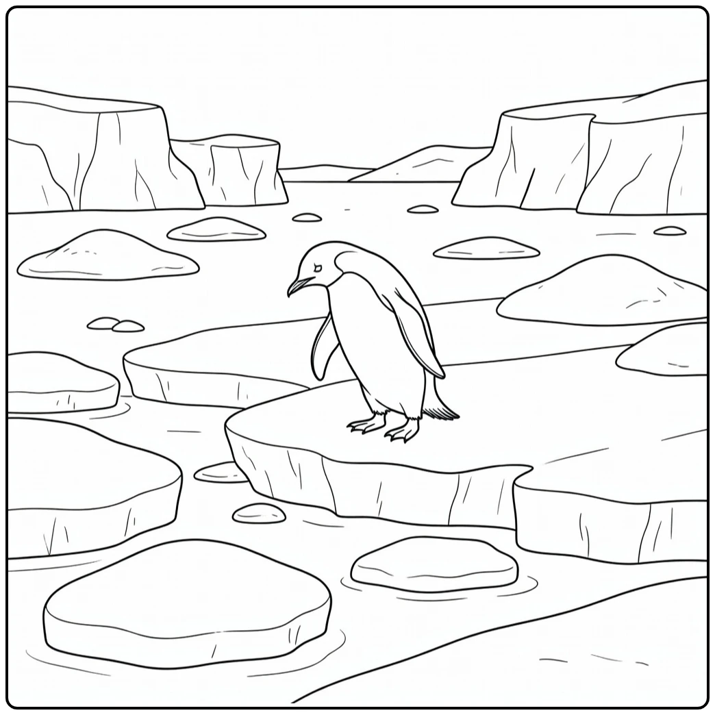 Realistic animal coloring page: penguin at ice shelf edge