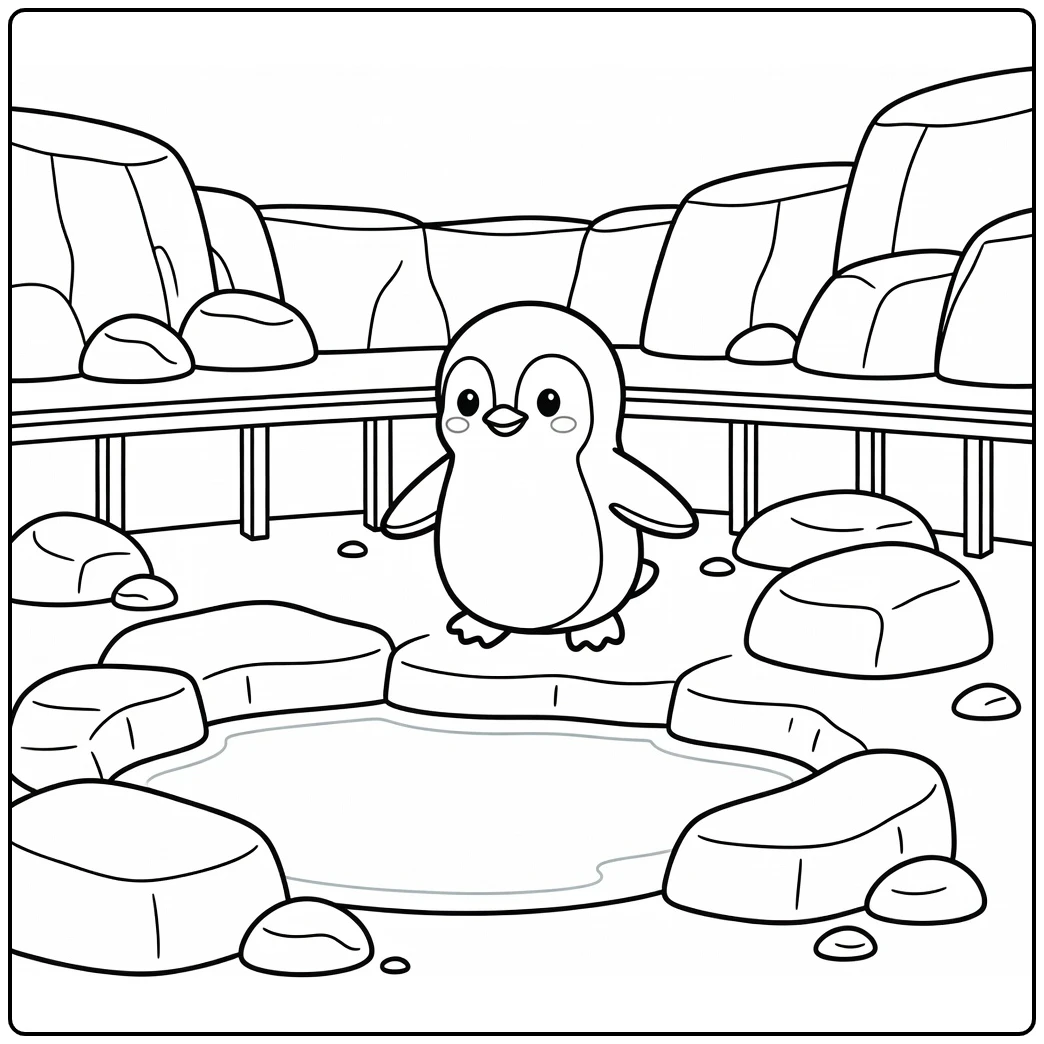 zoo coloring page of penguin waddling to pool