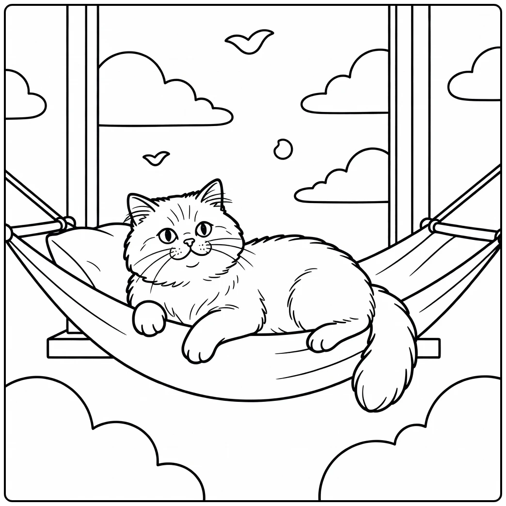 Persian cat coloring pages: relaxed cat in window hammock