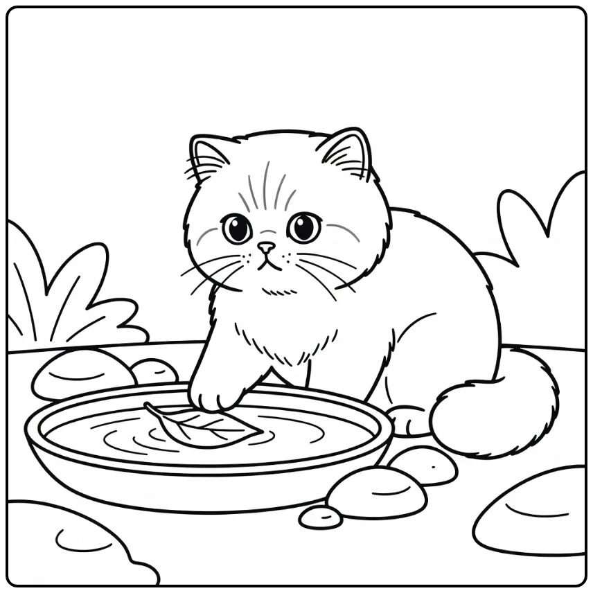 persian cat coloring pages: tapping floating leaf