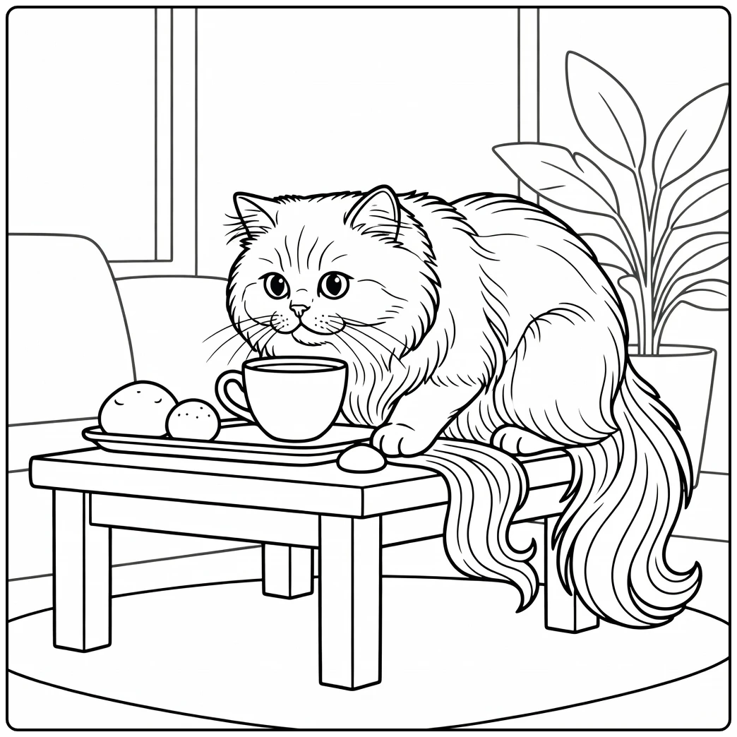 Curious Persian cat sniffing teacup on table, persian cat coloring pages