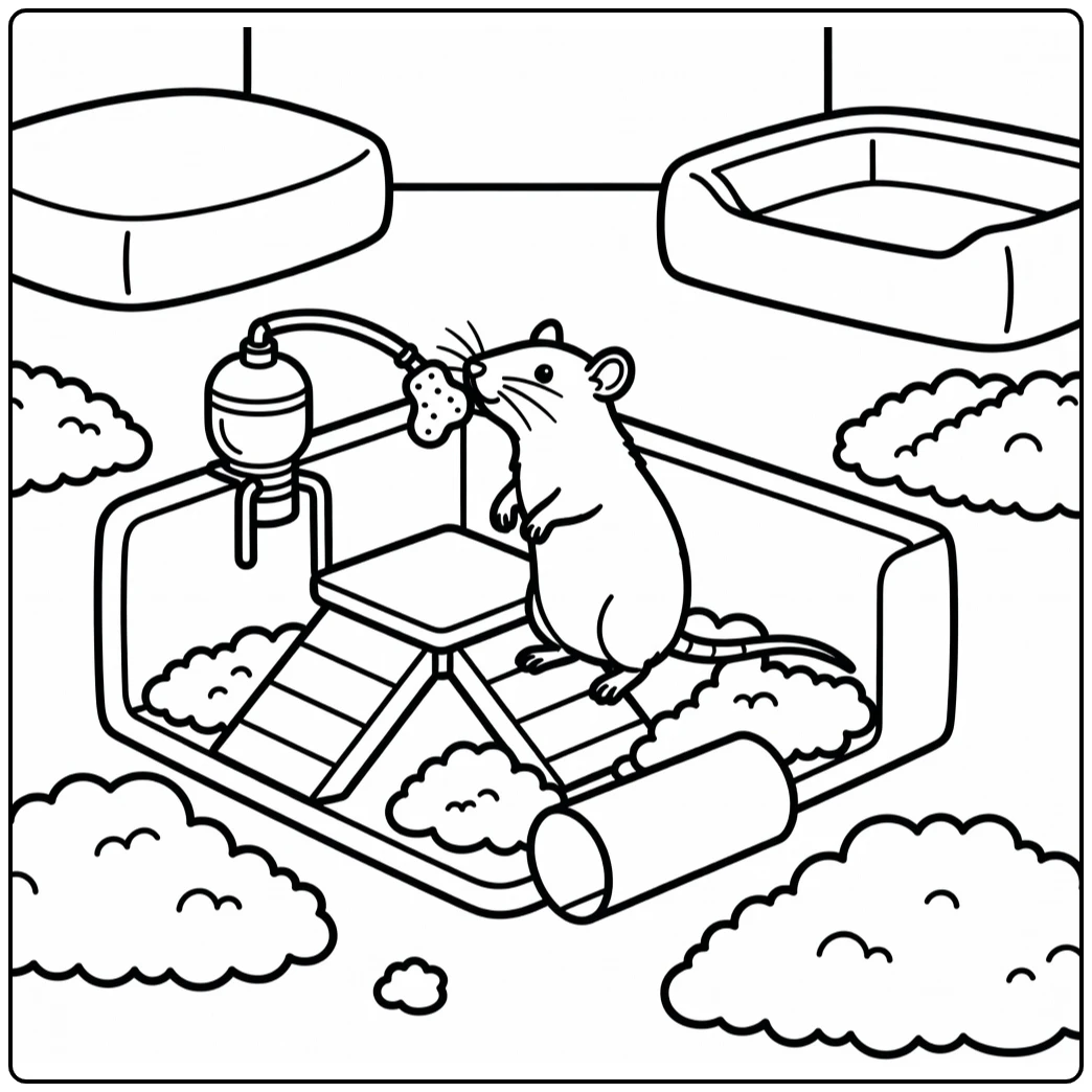 Pet animals coloring page of fancy rat sniffing treat in playpen