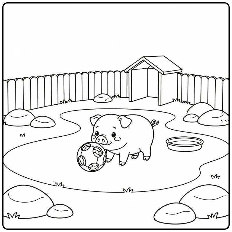 Pet Animals Coloring Page for Kids Mini Pig Puzzle Ball Scene