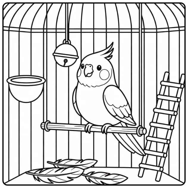 Cockatiel on swing in pet animals coloring page with bell toy