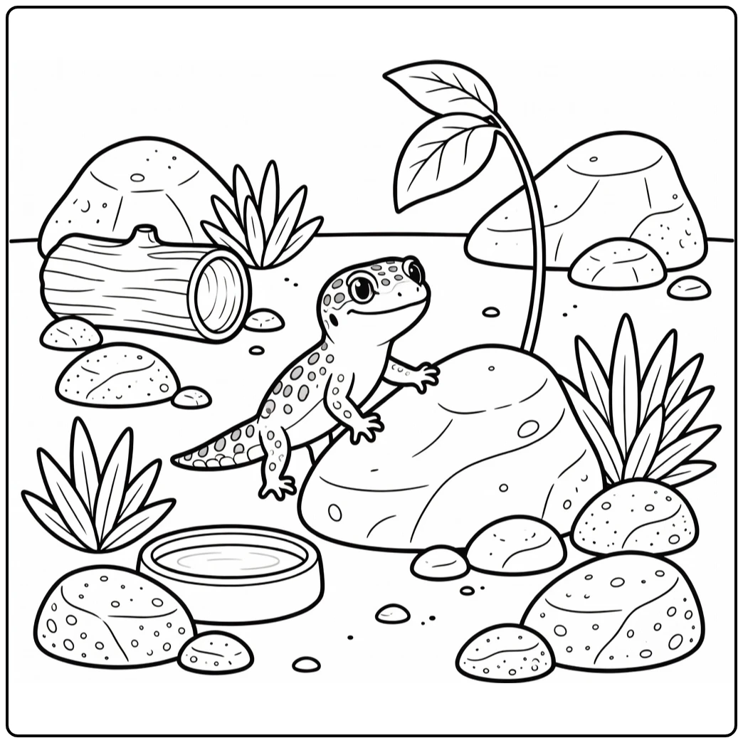 Pet animals coloring page with gecko on basking rock