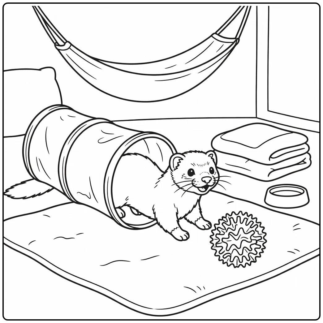 Pet animals coloring page with ferret in fabric tunnel