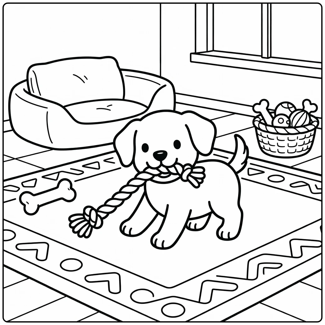 Pet animals coloring page with playful puppy on rug