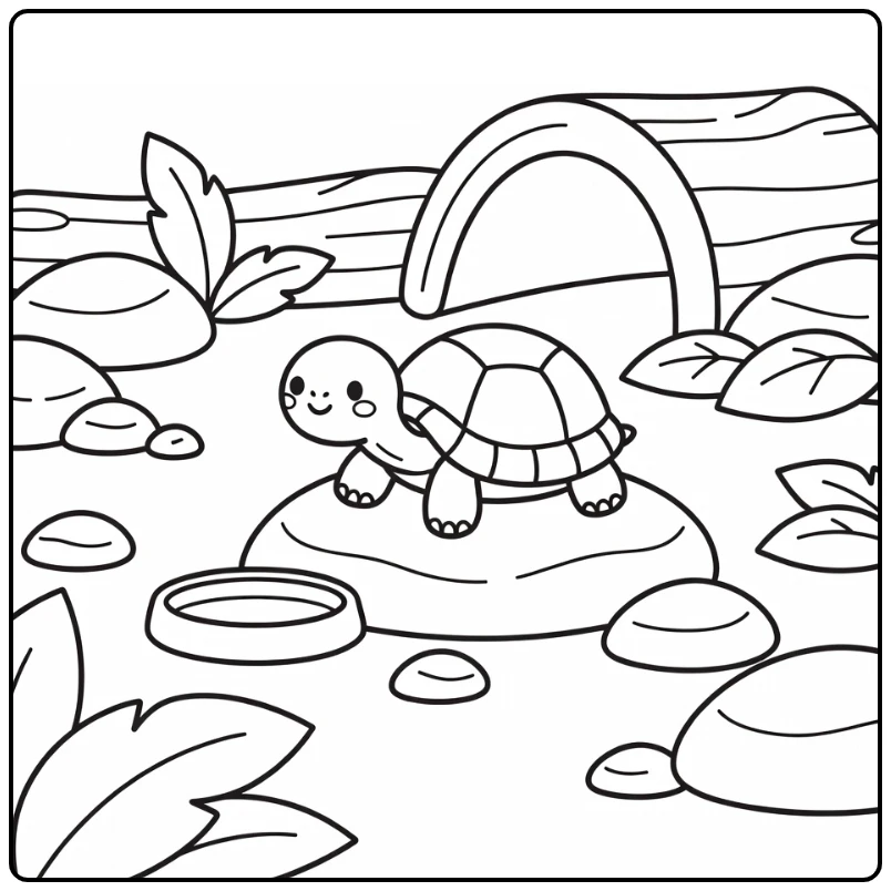 Pet animals coloring page with tortoise on basking stone