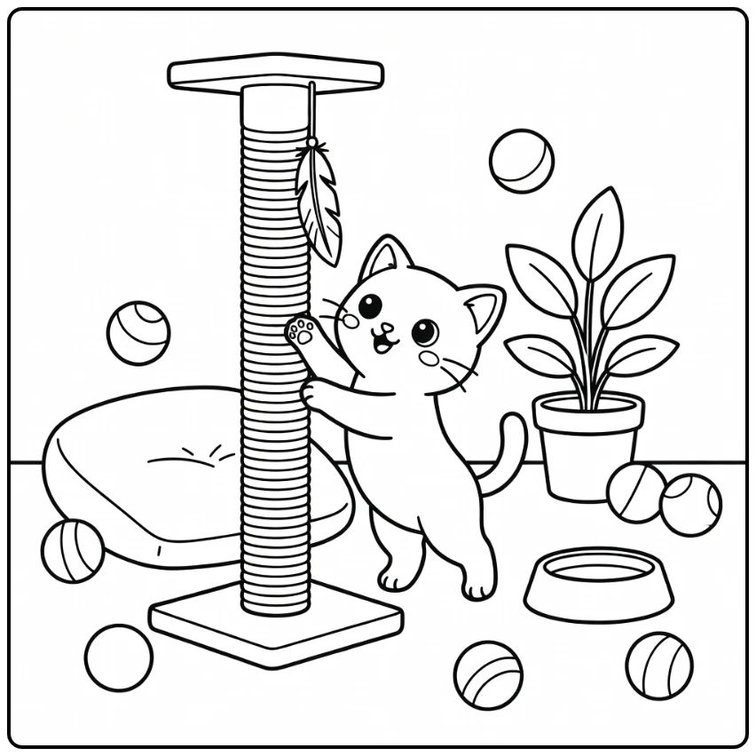Pet animals coloring page of kitten reaching for feather toy
