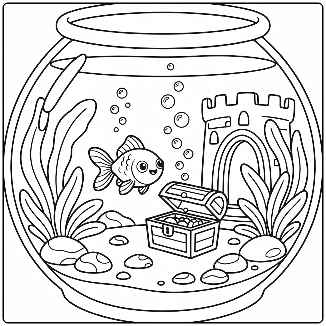 Pet animals coloring page with goldfish in aquarium scene